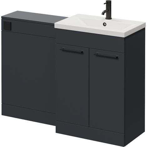 Napoli 390 Cento Gloss Grey 1200mm 2 Door Vanity Unit Toilet Suite with Glide Basin - 1200mm - Matt Black 160mm HandleWithout Kingston Toilet Pan