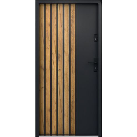 Vente-Unique – Porte d'entrée acier 207 x 100 cm – Noir effet chêne – Poussant gauche – 2 points de serrure – Éco-responsable fabriqué en Europe