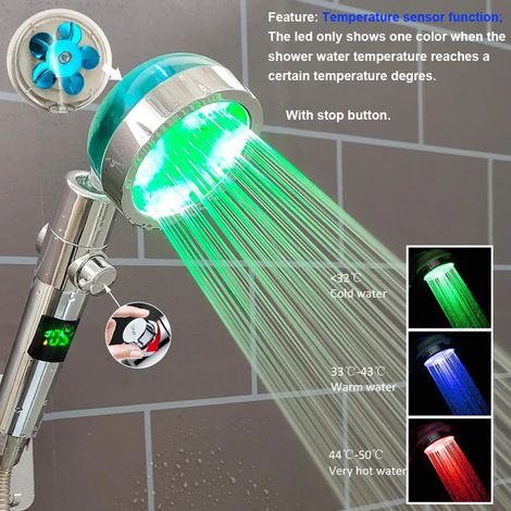 Pommeau de douche LED haute pression (argenté) avec bouton d'arrêt unique, écran numérique, douchette noire avec capteur de température (1/5)