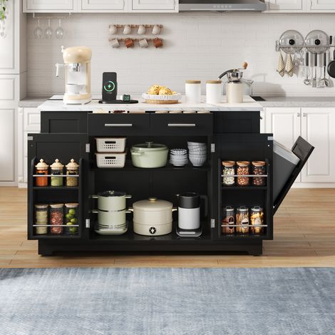 Îlot de cuisine mobile 138x86 cm, plateau rabattable, rangement, prise USB/Type-C, tri des déchets coulissant, roulettes, plan de travail effet marbre - Noir (1/5)