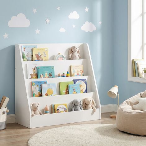 Songmics – Bibliothèque enfant 4 niveaux – Étagère à livres Montessori – Dimensions 30 x 60 x 60 cm – Blanc – Sécurisée avec fixation murale