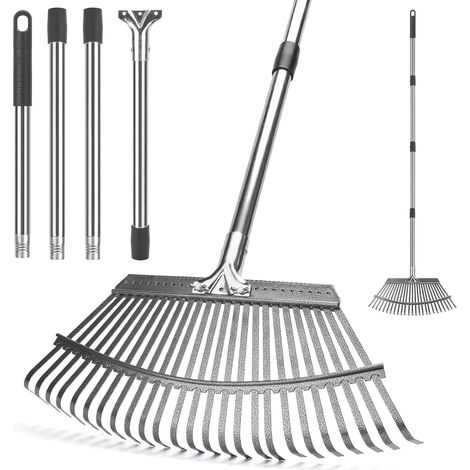 Râteau à feuilles pour le jardin doté de 25 dents en métal, d'une conception robuste de 47 cm de large et d'un manche réglable en 4 sections. (1/5)