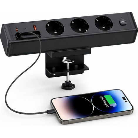 Multiprise de table avec câble rétractable USB C, 3 prises, 20 W PD USB A+C, câble de 1,8 m, interrupteur, prise pour bureau, bureau et maison, noir (1/5)