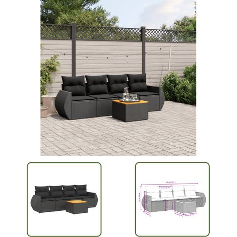 The Living Store Salon de jardin 5 pcs avec coussins noir résine tressée - Ensemble Salon De Jardin - Meuble De Jardin - Salon Extérieur - Résine Tressée - Rotin Synthétique (1/3)