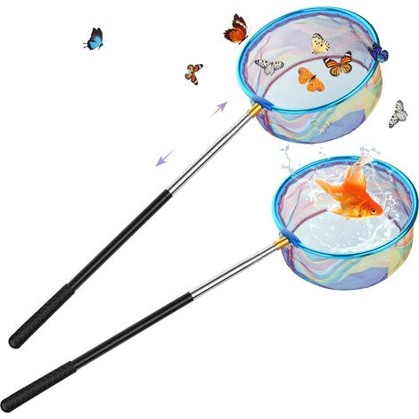 Épuisette Télescopique - Lot de 2 - Acier Inoxydable et Nylon - Longueur Réglable 66 à 173 cm - Pour Pêche et Capture d'Insectes - Manche Bleu (1/5)