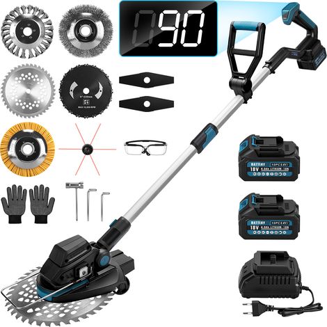 1200W 16800U/min Coupe Bordure Sans Balais Sans Fil Débroussailleuse Électrique Tête Pivotante 90° Longueur Réglable 100-140cm avec 2x Batteries Compatible avec Makita 21V 7 Types Lames Jusqu'à 300mm (1/5)