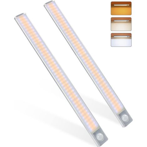 Lampe de Placard 160LED[2pcs], Lampe à Détecteur de Mouvement, Luminosité Réglable avec 3 Couleurs, USB Rechargeable, Sans Fil, Convient à Armoires, Cuisines, Couloirs, Garage, Lampe de Poche (1/5)