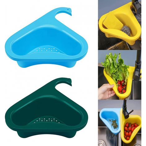 Colador de fregadero, cesta de plástico de dos piezas, apto para frutas, verduras y restos de comida, de color verde y azul. (1/5)