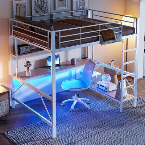 Lit mezzanine 140 x 200 cm,Lit mezzanine avec un bureau en dessous,avec rambarde, échelle, prises USB et électrique, éclairage LED, bureau et étagère à plusieurs Levelx,Blanc(Matelas non inclus) (1/5)