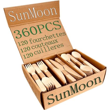 Eco Friendly 360 Pack Couverts jetables en bois, 16 cm de long, emballage sans plastique, remplaçant les couverts en plastique et en bambou, compostables, biodégradables (1/5)
