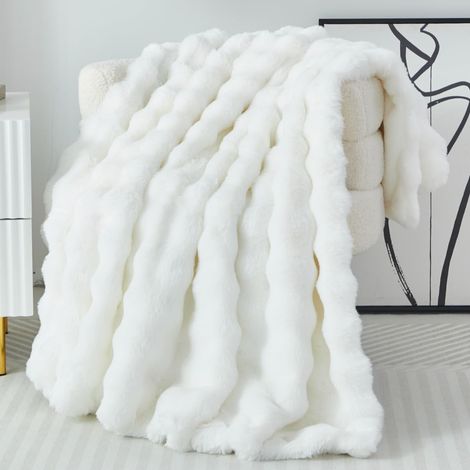 Couverture douillette en peluche douce, Plaid Canapé Fausse Fourrure Doux, Couverture de Canapé lit Moelleuse Chaude pour Canapé lit Chambre Bureau - Blanc 130x160 cm (1/5)