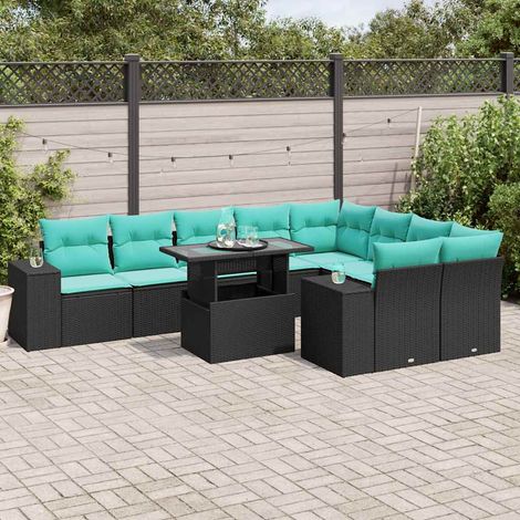 10-teiliges Gartensofa-Set mit Kissen, schwarzes Polyrattan (1/5)