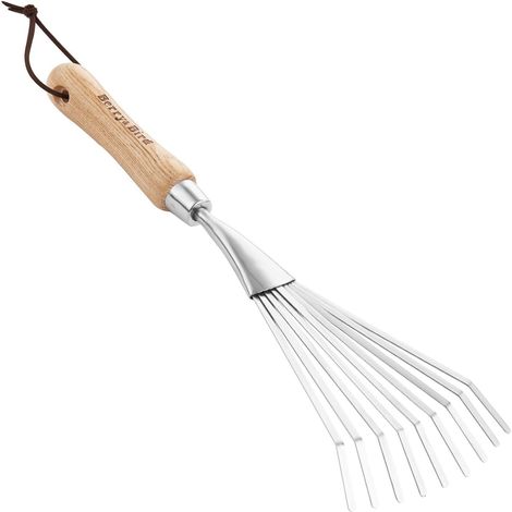 Râteau de jardin manuel, râteau à gazon en acier inoxydable de 38 cm, 9 lames en forme d'éventail avec manche ergonomique en bois, petit râteau manuel pour enlever les feuilles et la terre meuble des 
