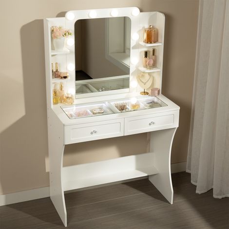Coiffeuse Woltu avec Plateau en verre trempé, Table de maquillage avec Poignée, Éclairage réglable, Rangement compartimenté, 80x38x135cm, Blanc