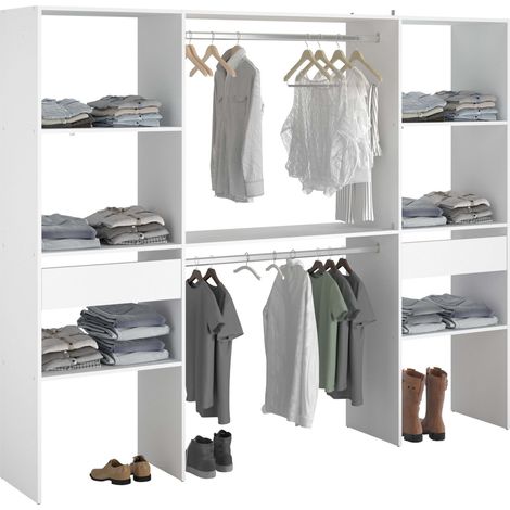 Vestidor Modular Abierto Custom para Dormitorio en Color Blanco Incluye 2 Modulo D con 6 Estantes, 2 Cajones y 2 Barra 220x180 cm (1/5)