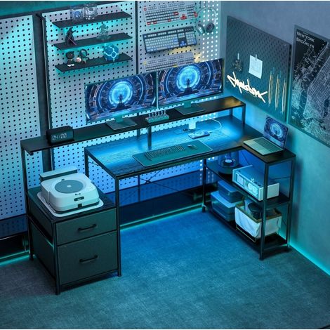 Escritorio en L con LED y enchufes 165x80x91,5 cm OKMYHOME (1/3)