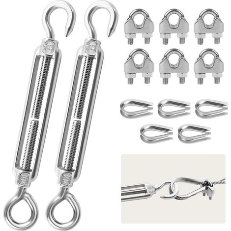 13 Piece Stainless Steel Cable Tensioner Kit, 2 Stainless Steel M6.5 Rings for M3.6 Stainless Steel Cable Clamp M3, Clothes Line Tensioner, Steel Cable Tensioner for Climbing Plants, Guardrail (1/5)