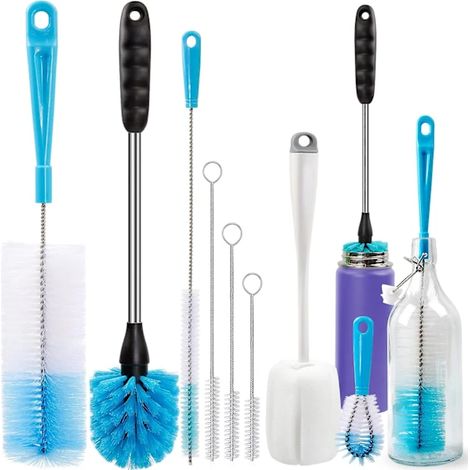 Ensemble de 8 brosses de nettoyage de bouteilles, nettoyeur de bouteilles à long manche pour laver les goulots étroits des carafes à bière, les tubes en verre étroits, les couvercles de tasses d'évier (1/4)