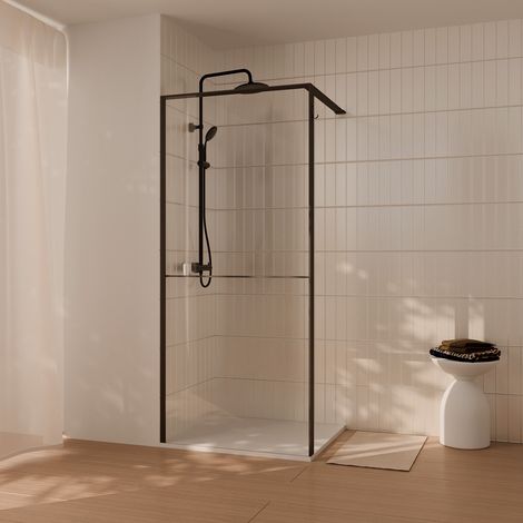 paroi de douche 90x200cm - cadre et étagère finition chêne foncé - verre 8mm anticalcaire - ethan (1/5)