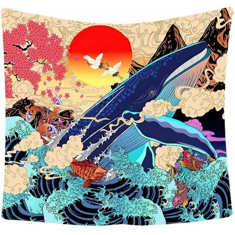 Wave Sea Koi Tapestry Wall Hanging Large Whale Animal Sunset Landscape Tapestry Wall Hanging Decoration for Bedroom Living Room (Wave, 150cm x 200cm) color (1/5)