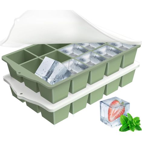 Stampo per cubetti di ghiaccio con coperchio, in silicone senza BPA, impilabile, ideale per cocktail, pappe e puree (verde, 2 pezzi)