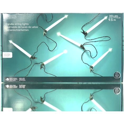 Lumineo LED Kerzenlichterkette Weiß grünes Kabel 9,5 Meter 20 Lichter mit Befestigungsklipp - warmweiß (1/2)