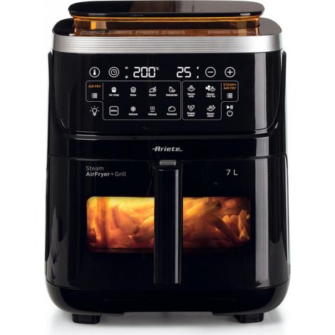 Ariete 4636 Friggitrice ad aria con funzione vapore+ Grill, 1700W, Funzione essiccazione, 10 funzioni di cottura, Cestello trasparente, Timer, Luce interna, Nero (1/5)