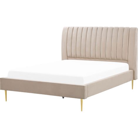 EU King Size Panel Bed Beige Velvet Slatted Base 5ft3 High Headrest Vintage MARVILLE