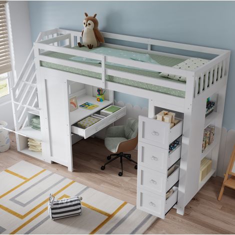 Cama alta infantil de 90x200 cm con escritorio integrado, espacio de almacenamiento, estantes y escalera, madera blanca. (1/5)