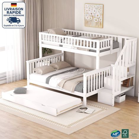 Modfu – Lit superposé 90x200cm avec lit gigogne – En pin massif – Escalier avec rangement – Blanc – Dimensions totales 253x240x160cm (1/5)