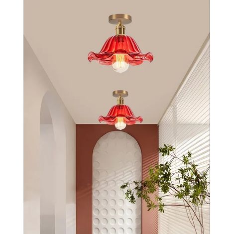 2pcs Plafonnier Retro en Verre 25cm,Moderne Lampe de Plafond Industriel Design Fleur E27 Lustre pour Salon Chambre,Rouge (1/5)