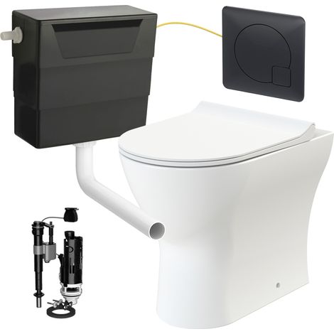 Rimless D Shape Back to Wall Toilet Pan with Soft Close Seat & Concealed Cistern Black Plate Button (1/5)