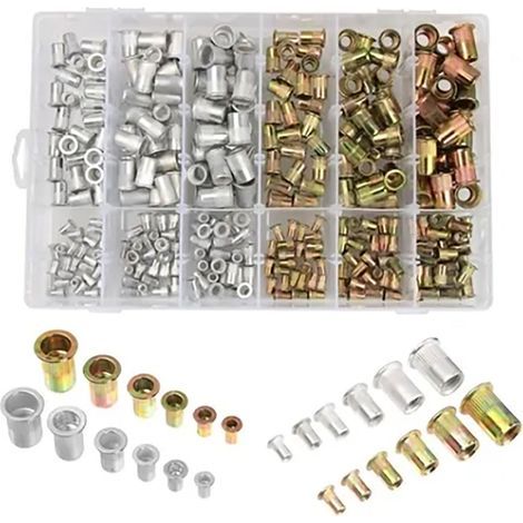 Kit di dadi a rivetto, 300 pezzi, testa piatta, misure da M3 a M10, rivestimento in zinco e alluminio (1/5)