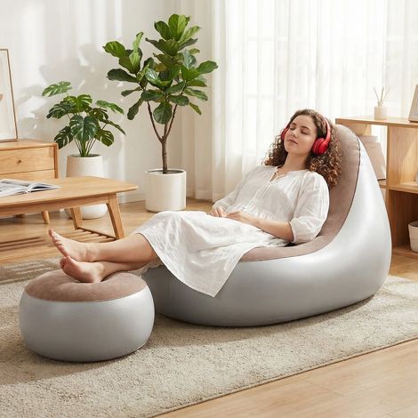 Fauteuil Gonflable avec Repose-Pieds PVC Flocage Imperméable Confort Ergonomique Salon Camping Orange (1/5)