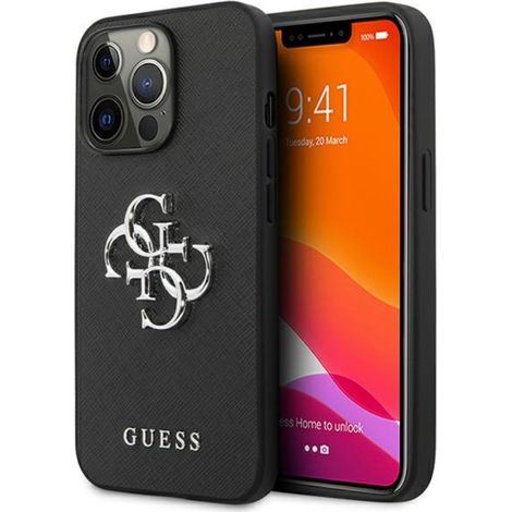 Coque rigide noire Saffiano 4G en métal Guess GUHCP13LSA4GSBK pour iPhone 13 Pro/13 6.1 avec logo 4G (1/4)