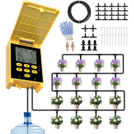 Kit Arrosage Automatique - Double Pompe Solaire Avec Ecran LCD - Pour Jardin Potager Et Balcon - Pour 20 Plantes - Tuyau 15 M