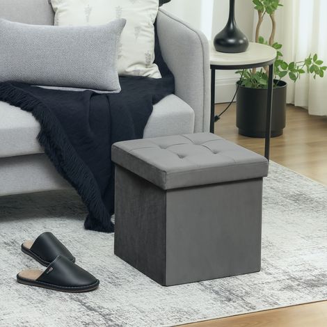 Pouf coffre rangement pliable. tabouret carré 37.6 L en tissu velours. charge 120 Kg. 38 x 38 x 38 cm. gris
