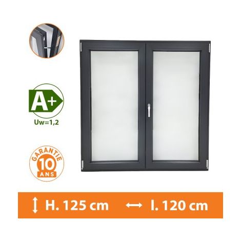 Direct Fenêtres – Fenêtre PVC 2 Vantaux Gris anthracite – H.125 x l.120 cm – Double vitrage 4/16/4 – Isolation thermique A+