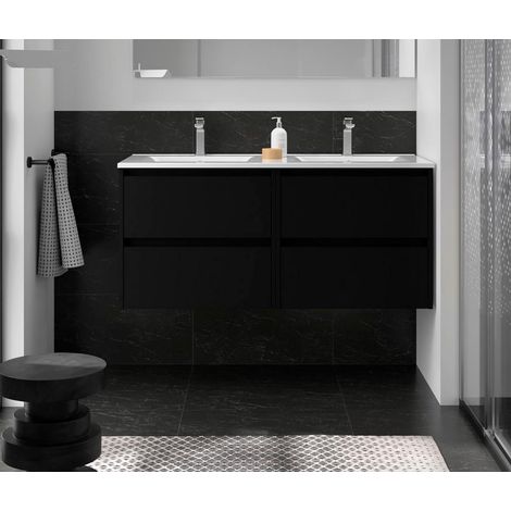 Meuble bas Noja 1200 4 tiroirs + lavabo Noir Satiné (1/4)