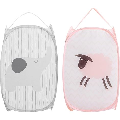 2 paniers à linge pliables, 30x30x48 cm, gris et rose, avec poignées pour chambre d'enfant, jouets ou vêtements. (1/5)