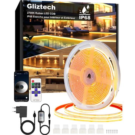 15M Ruban Led Cob Exterieur IP68 Etanche, Bande LED Autocollante Alimentation 24V Led Cob Application et Télécommande pour Avant Toit Jardin Terrasse Cuisine Salle de Bain (1/5)
