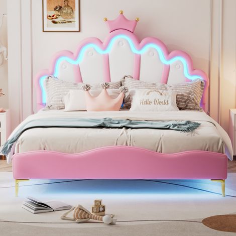 Cama dobel 140x200 cm, Cama Crown Princess, Cojín de cuero PU suave, Barre Lumineuse d'ambiance LED réglabel, ideal para Enfants y Adoloscents, Rosa