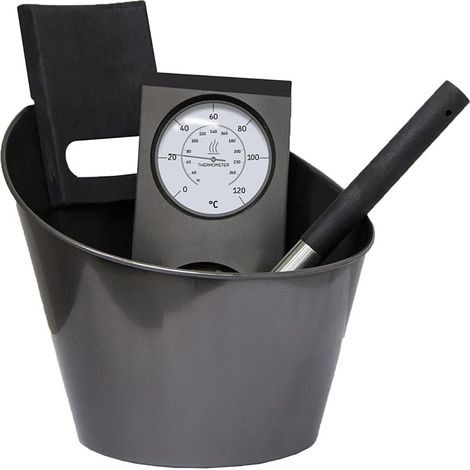 Harvia Set di accessori per sauna in acciaio nero con secchio e mestolo, termoigrometro in acciaio inox nero