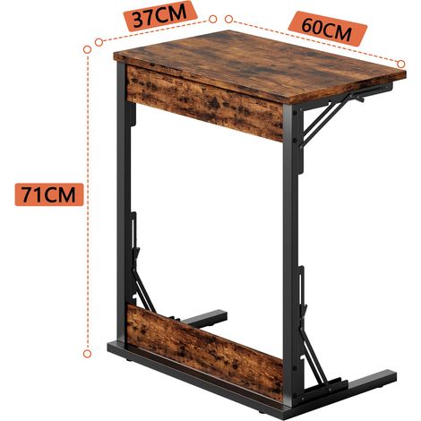 Table d'appoint pliante en C, cadre métallique et pieds ajustables, 60 x 37 x 71 cm, Marron, pour salon chambre bureau, idéale comme support TV