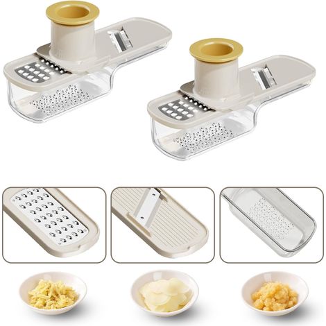 Paquete de 2 mini mandolinas 3 en 1 para cortar y rallar ajo/jengibre con protector de manos (blanco) (1/5)