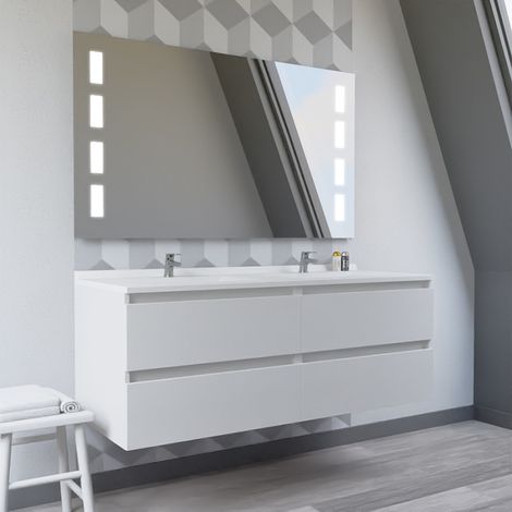 Meuble sous vasque double 140 cm – MDF laqué blanc brillant – 4 tiroirs avec amortisseurs – Plan double vasque en résine synthétique – Arlequin (1/3)