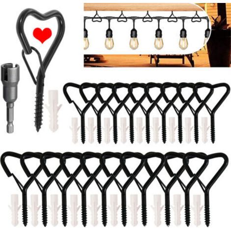 Packung mit 20 Schraubhaken mit Sicherheitsöse, Haken für Außenbeleuchtung, Wandhaken zum Aufhängen von Pflanzen, Tassen, Windspielen, Blumentöpfen (schwarze Kardioide)