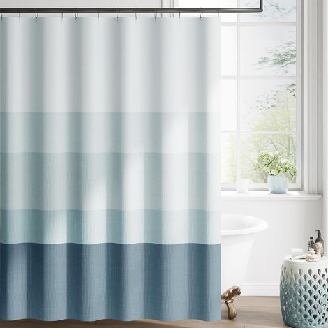 Verlauf-Duschvorhang – 180×180 cm – waschbarer Stoff – modernes buntes Streifendesign – wasserabweisendes Polyester (blau) (1/5)
