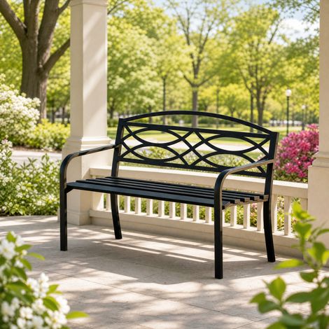Panca da giardino 127,5x49,5x83 cm in metallo nero, facile da montare FloraGrace (1/5)