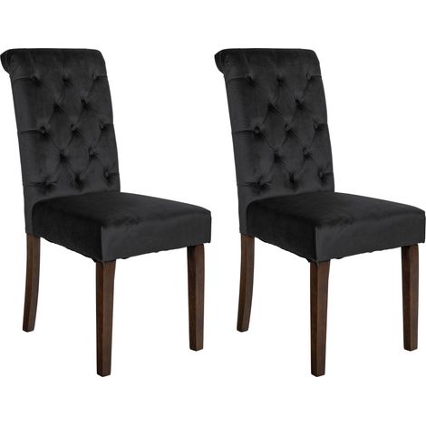 Set di 2 eleganti e comode sedie da pranzo imbottite in velluto nero con struttura in legno marrone scuro 100007593